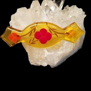 Vintage Reverse Carved Apple Juice Bakelite Brooch Hand Painted